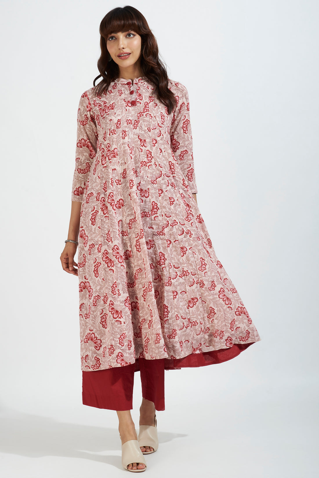 stand collar pintuck yoke anarkali - floral whispers & blushing hues