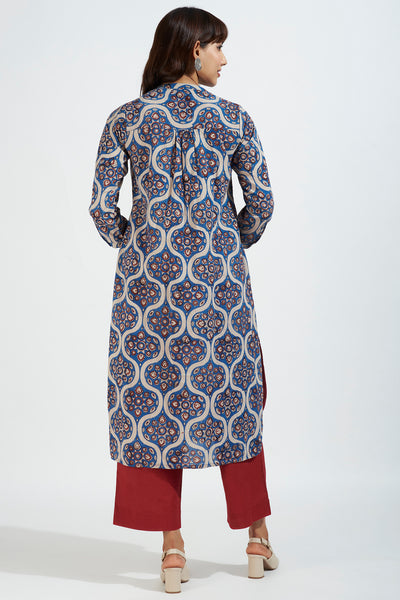 stand collar kurta with round hem - regal indigo & vintage opulence