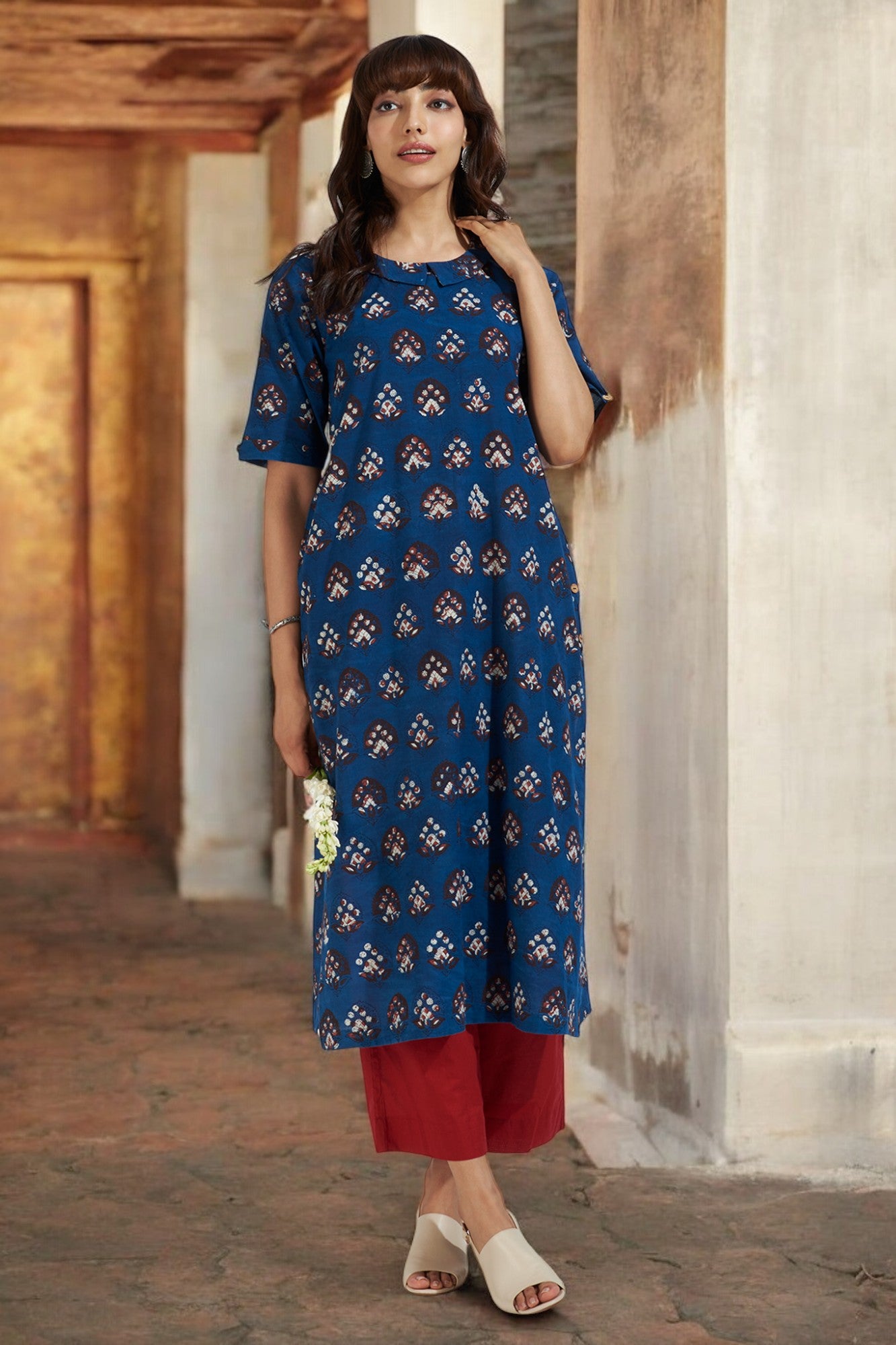 Peter Pan Collar Kurta With Side & Back Buttons - Nautical Delight & Burgundy Botanics