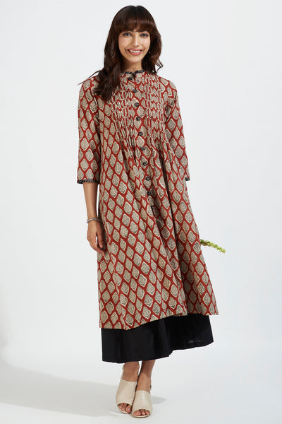 pleated neck pintuck dress - rusty red & mughal charm