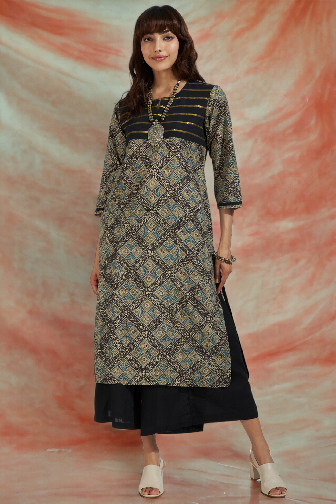 patchwork long kurta - starry night & golden twilight