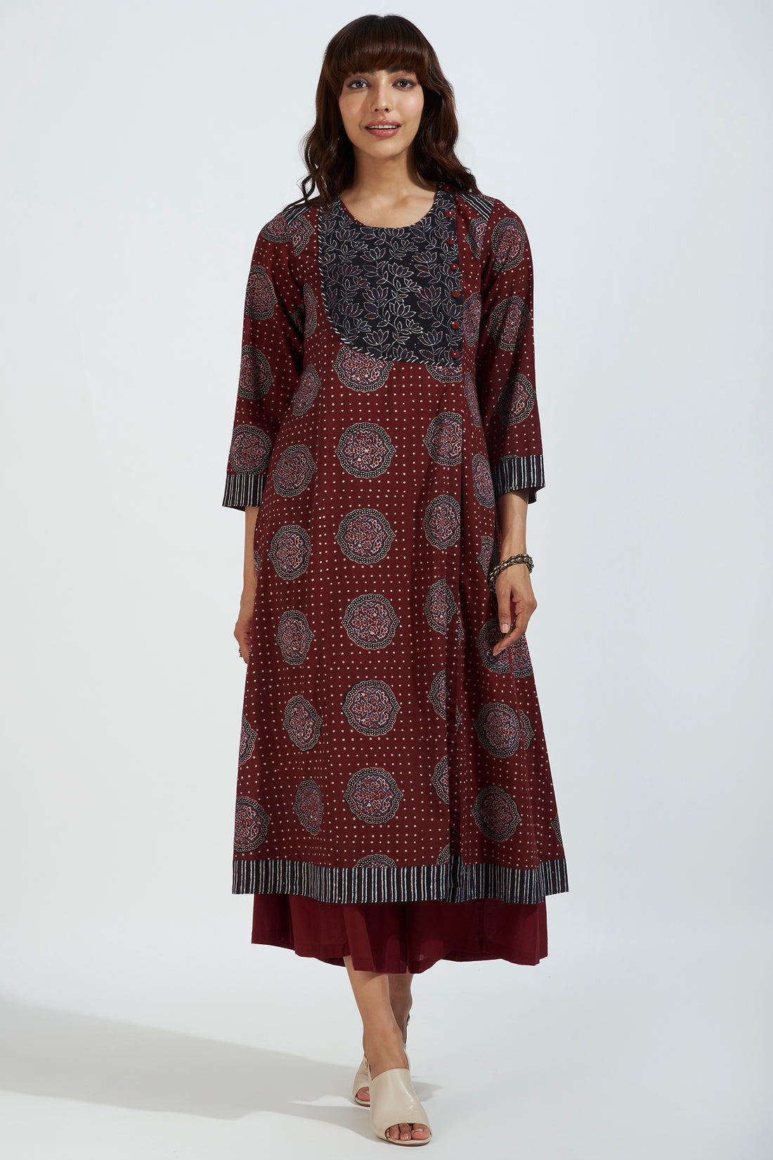 mughal angrakha with yoke - burgundy blaze & blackwater lilies