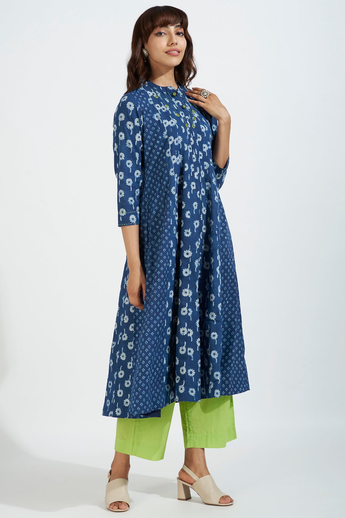 stand collar pintuck yoke anarkali - floral whispers & blushing hues