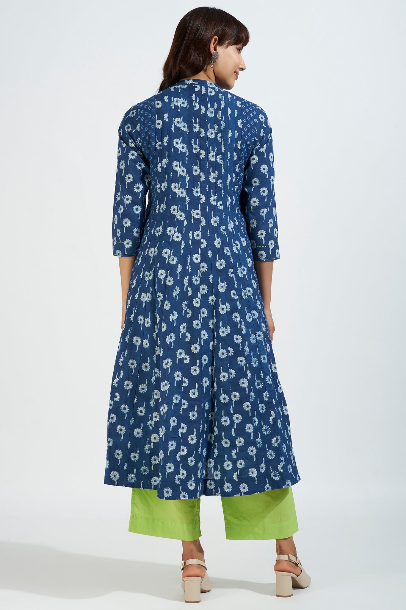 stand collar pintuck yoke anarkali - sapphire poppy & chartreuse