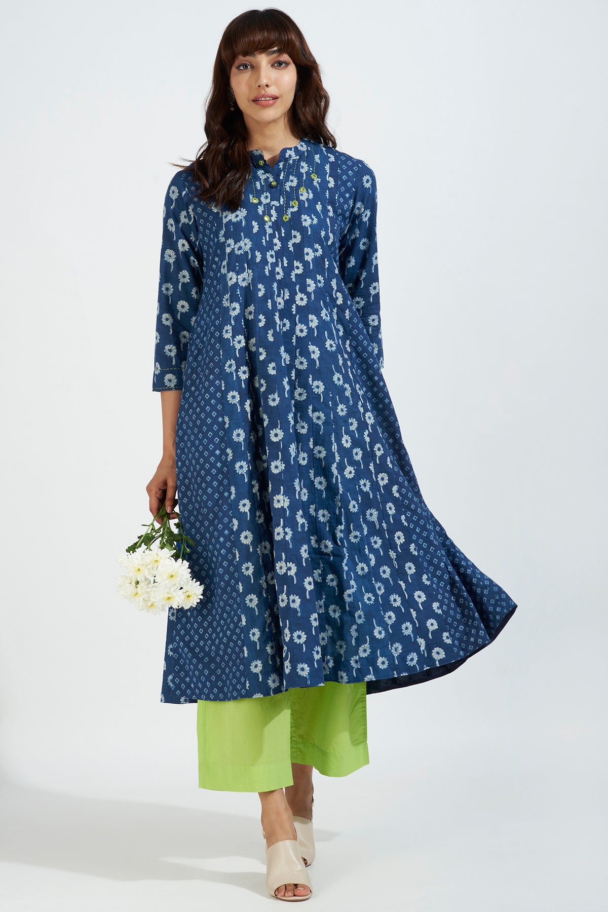 stand collar pintuck yoke anarkali minty oasis