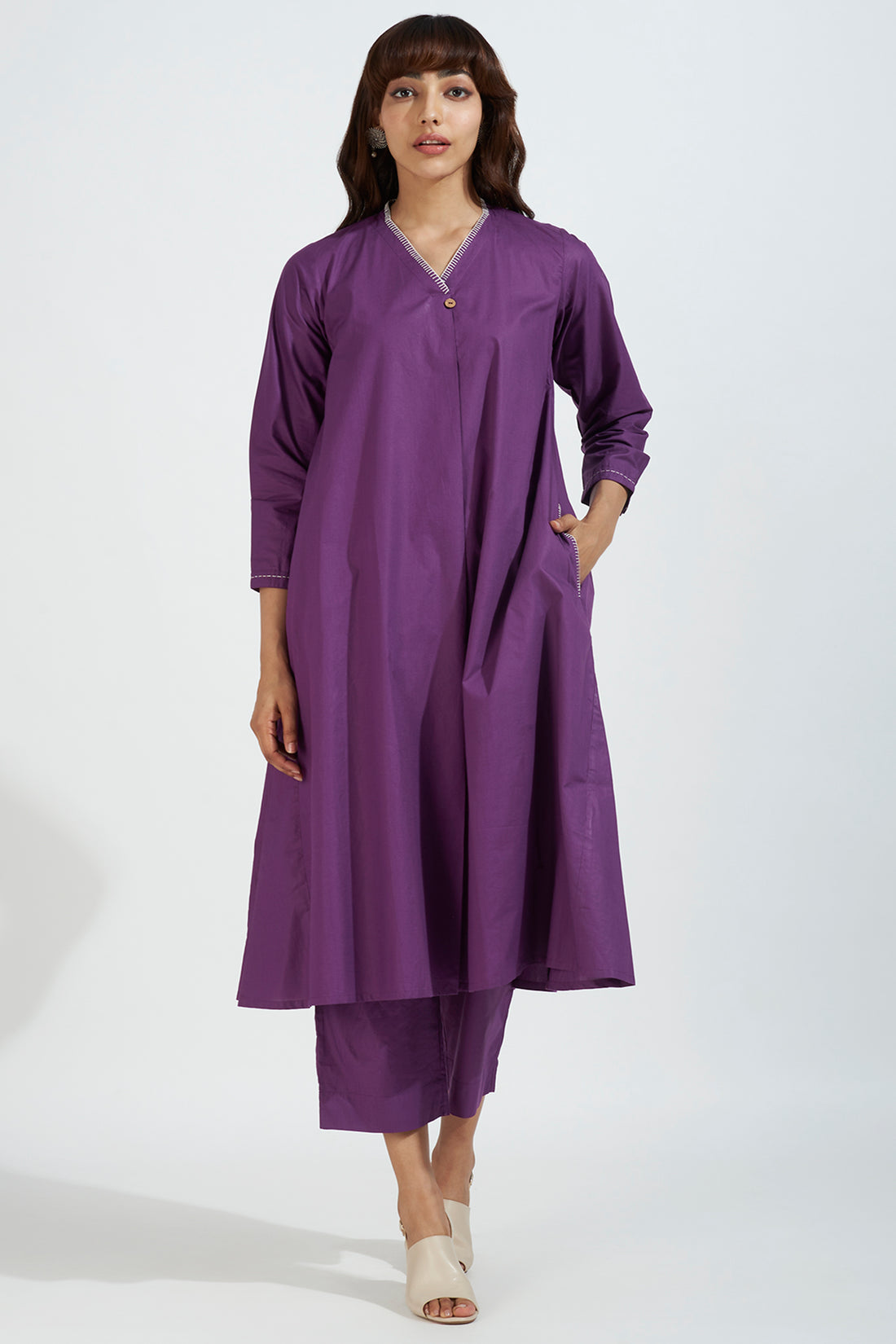 single box pleat v-neck kurta - regal amethyst & plum fantasies