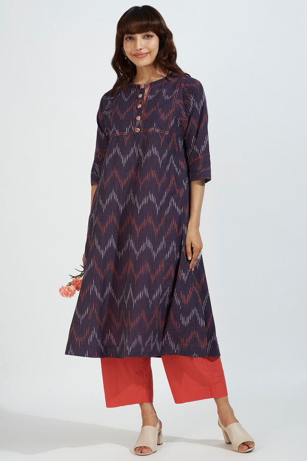Set of 2: Plum Kantha Embroidered Kurta with Plum solid Pants