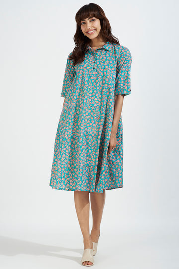 contemporary collar swing dress - aruba blue & coastal blooms