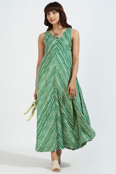 strap sleeveless bias v-neck dress - verdant vineyard & porcelain stripes
