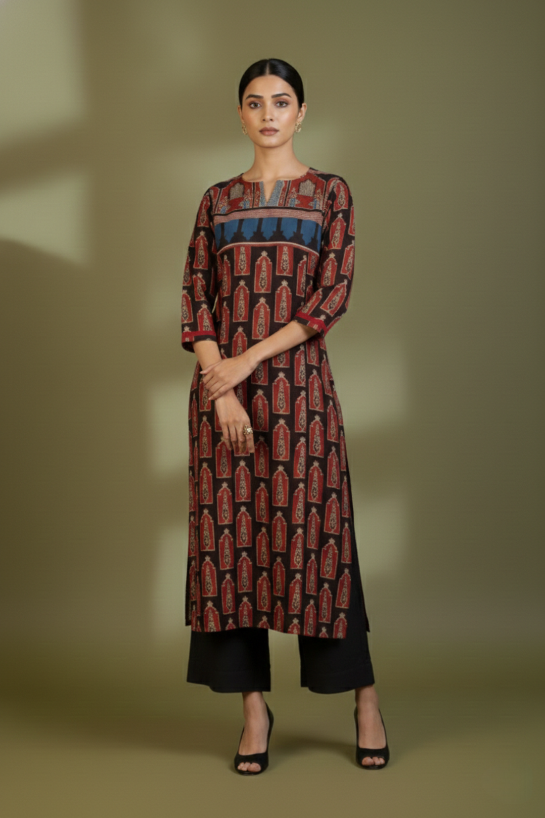 Madder_Cypress_Patchwork_Long_Kurta_with_Slit