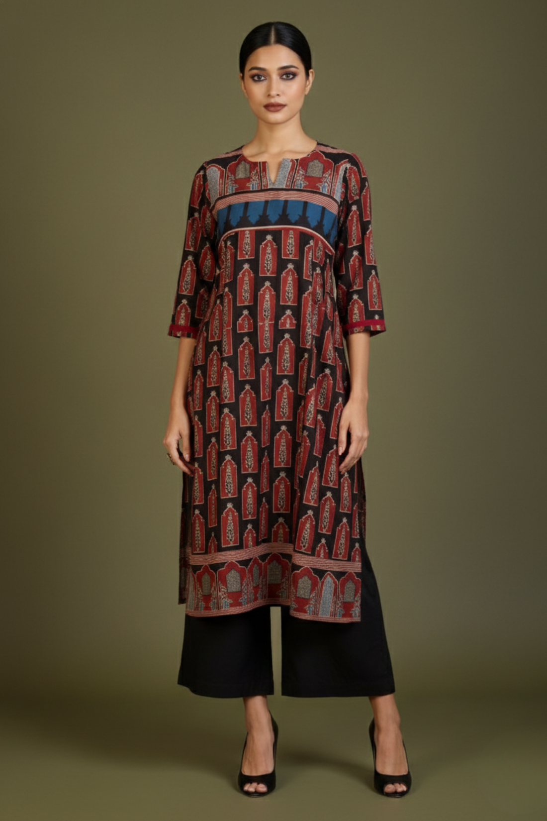 Madder_Cypress_Patchwork_Long_Kurta_with_Slit