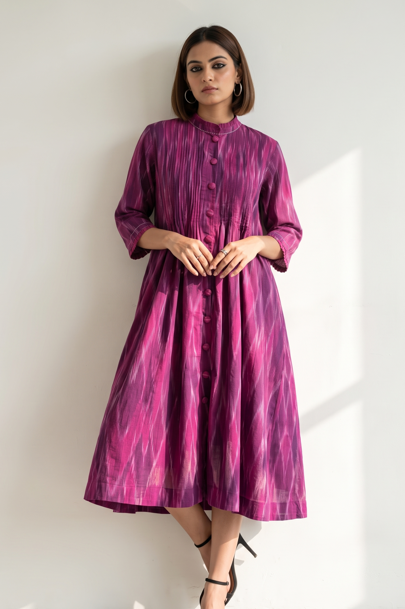 Magenta_Berry_Jewel_Ikat_Pleated_Pintuck_Button_Down_Dress