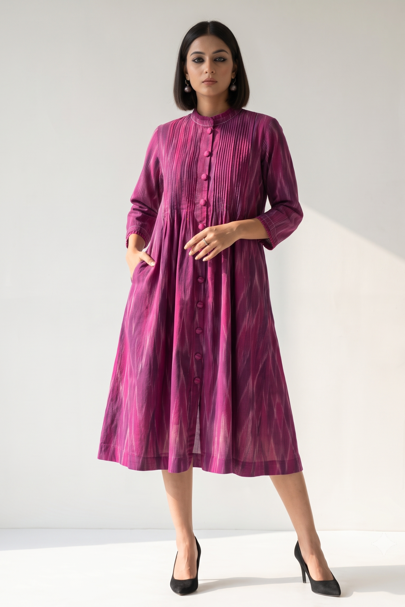 Magenta_Berry_Jewel_Ikat_Pleated_Pintuck_Button_Down_Dress