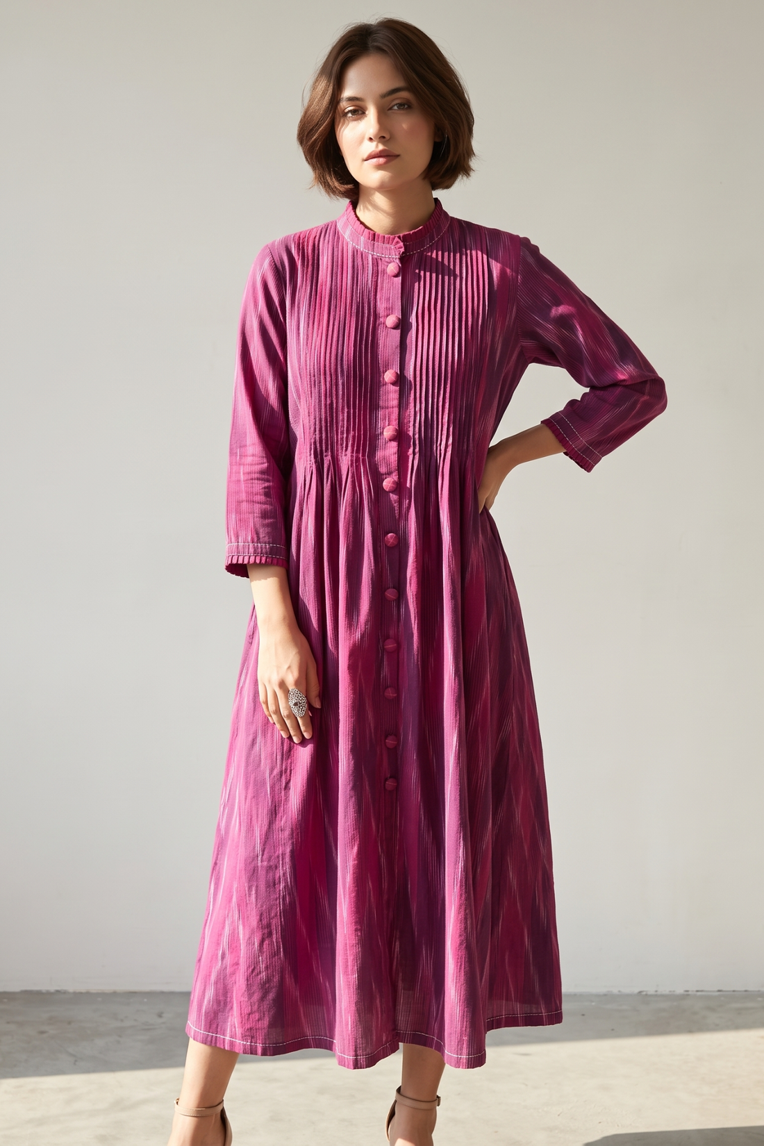 Magenta_Berry_Jewel_Ikat_Pleated_Pintuck_Button_Down_Dress