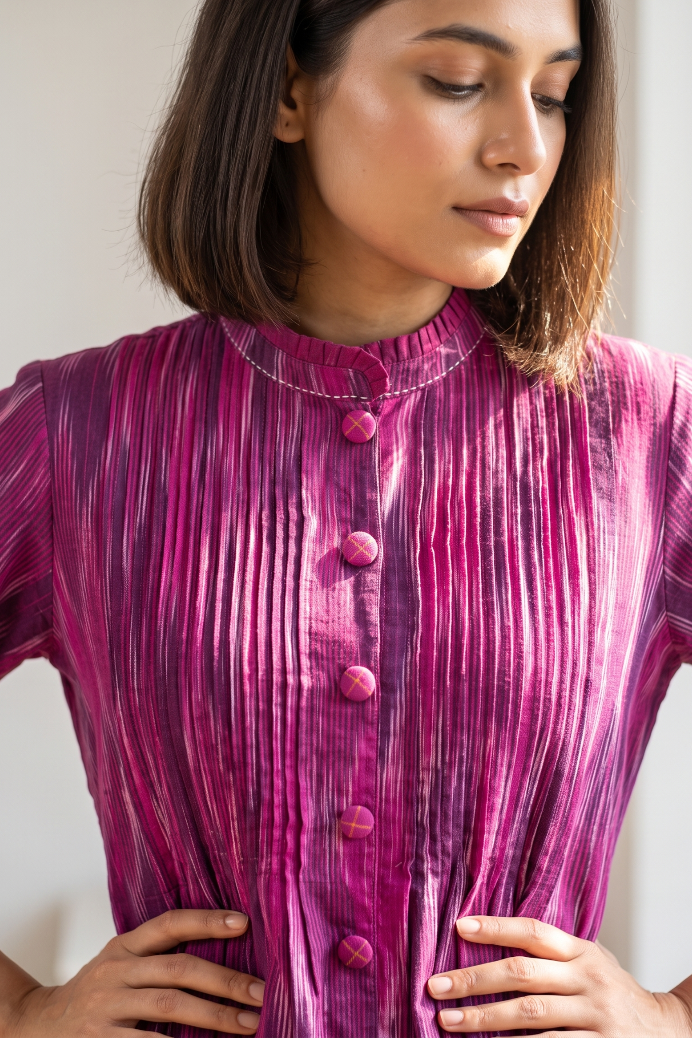 Magenta_Berry_Jewel_Ikat_Pleated_Pintuck_Button_Down_Dress