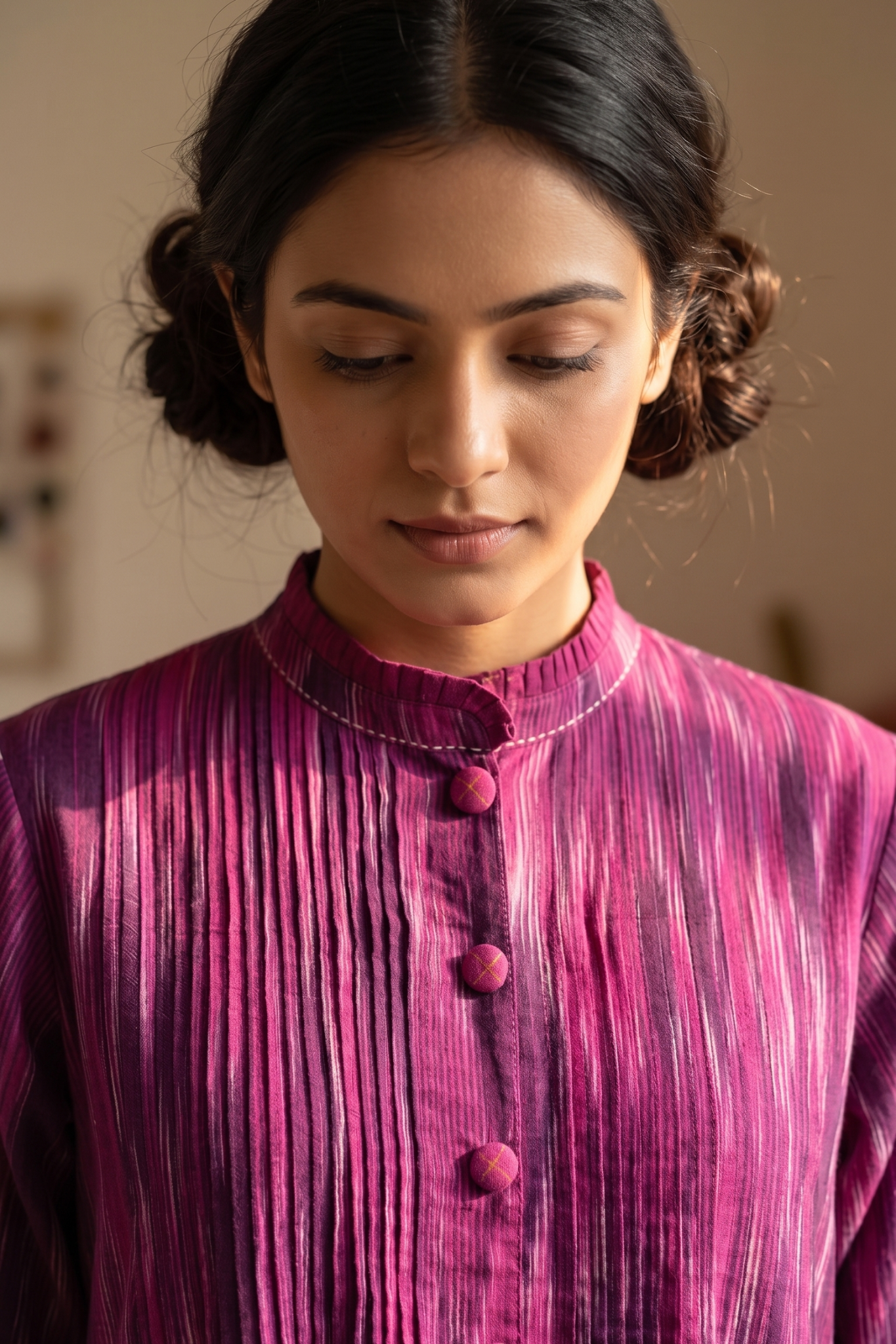 Magenta_Berry_Jewel_Ikat_Pleated_Pintuck_Button_Down_Dress