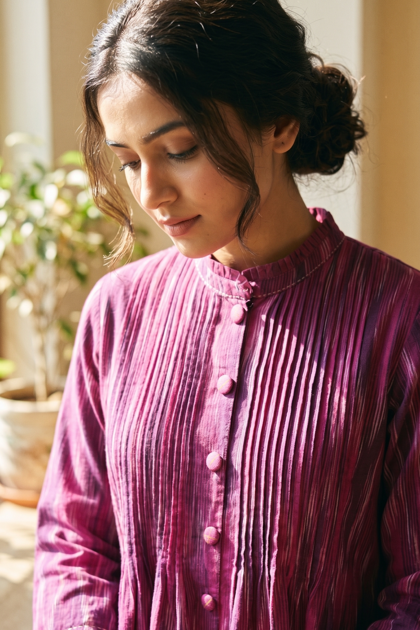 Magenta_Berry_Jewel_Ikat_Pleated_Pintuck_Button_Down_Dress