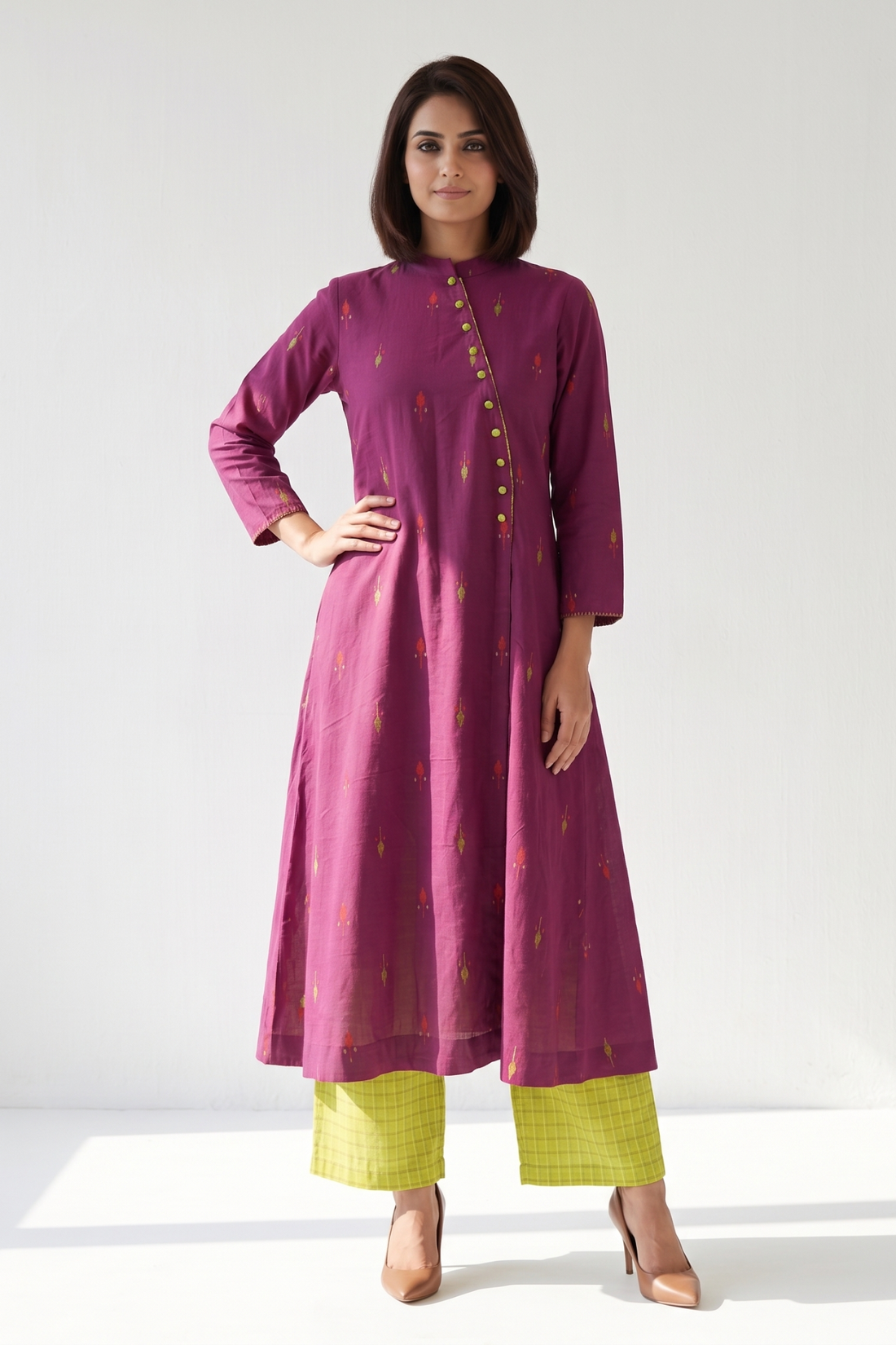 Magenta Petal Dots Cross Potli Angrakha Kurta