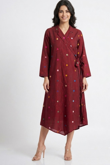 Maroon Carnival Dots South Cotton Trench Belt Dress