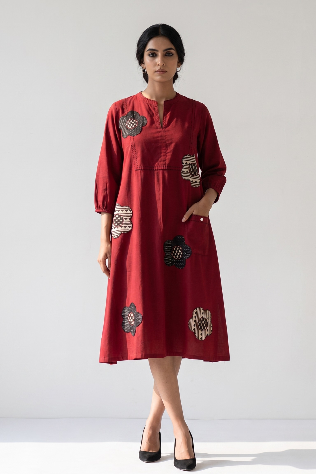 Maroon_FloralApplique__Cotton_Dress_With_Patch_Pocket