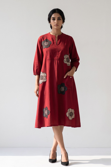 Maroon_FloralApplique__Cotton_Dress_With_Patch_Pocket