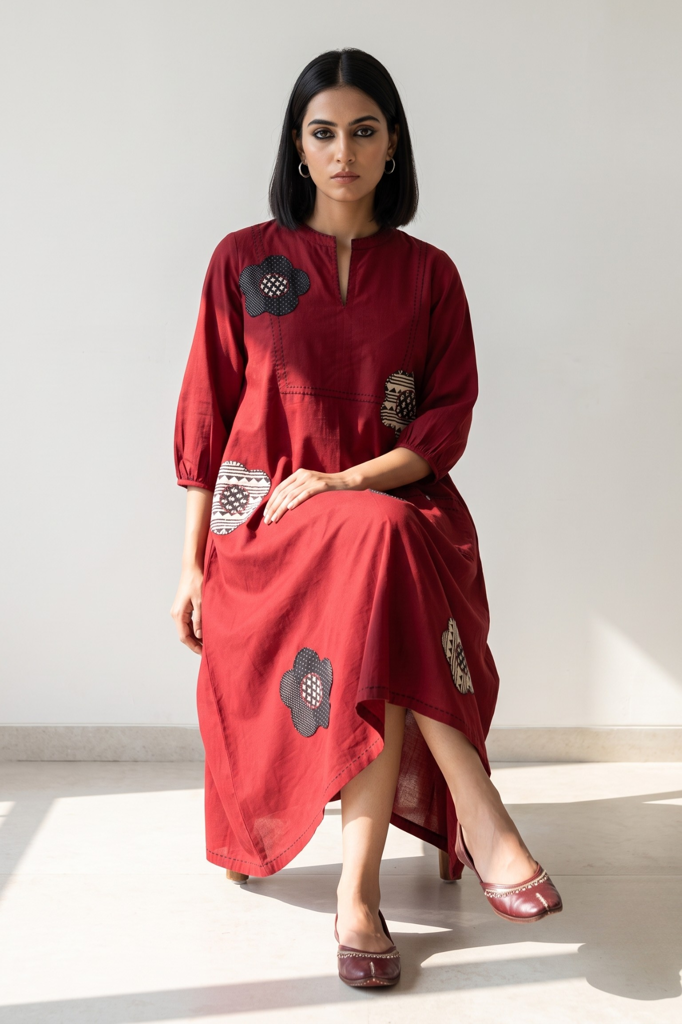 Maroon_FloralApplique__Cotton_Dress_With_Patch_Pocket