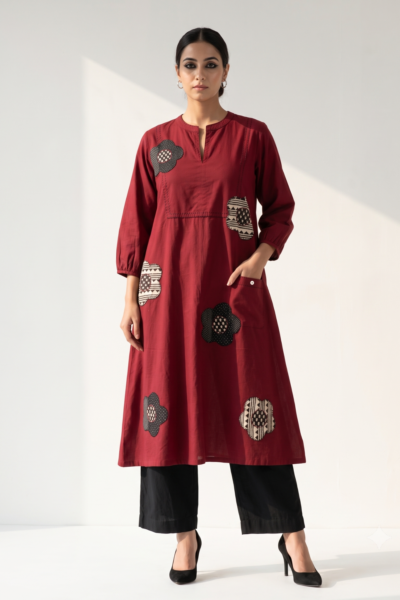 Maroon_FloralApplique__Cotton_Dress_With_Patch_Pocket