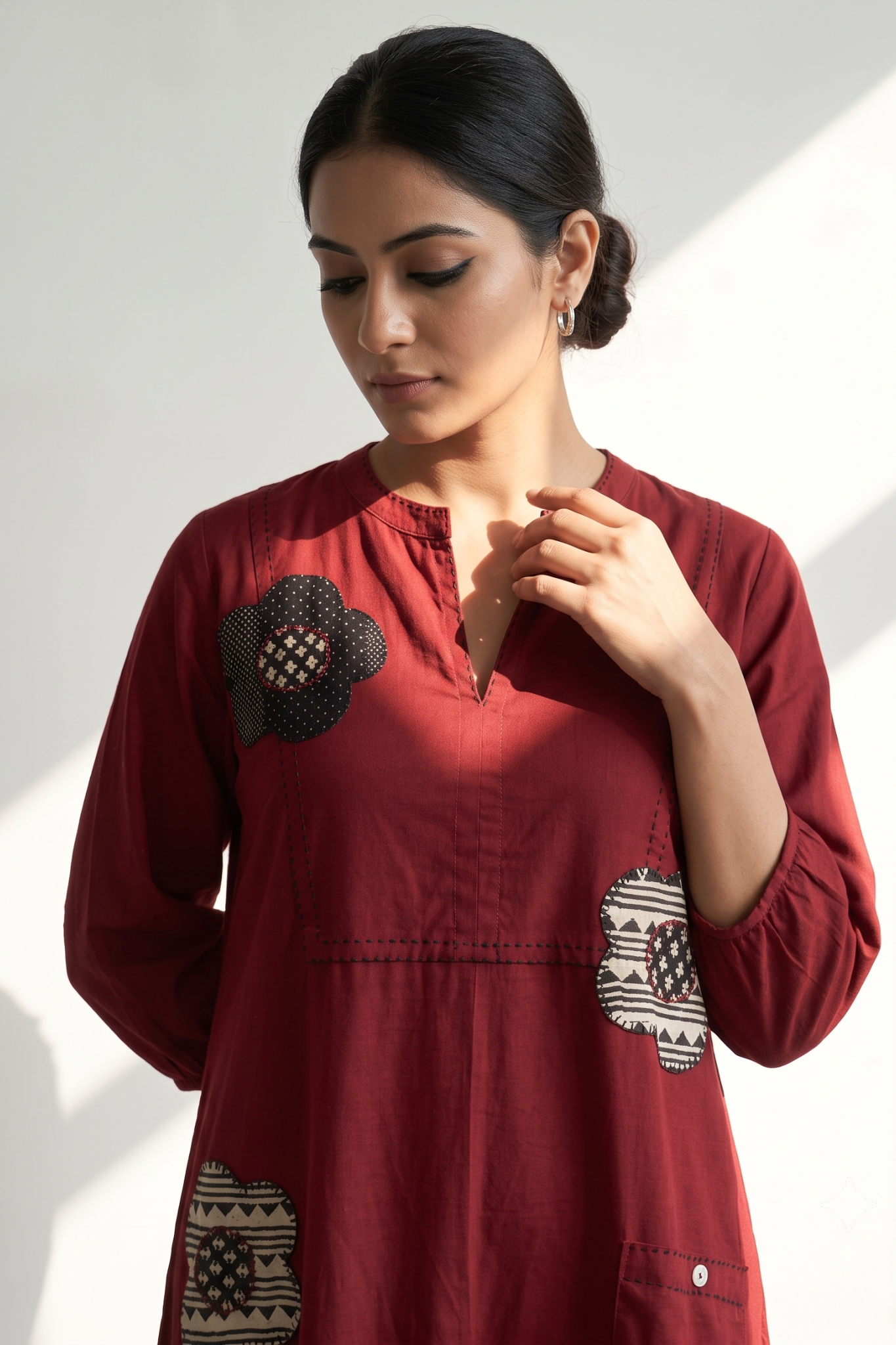 Maroon_FloralApplique__Cotton_Dress_With_Patch_Pocket