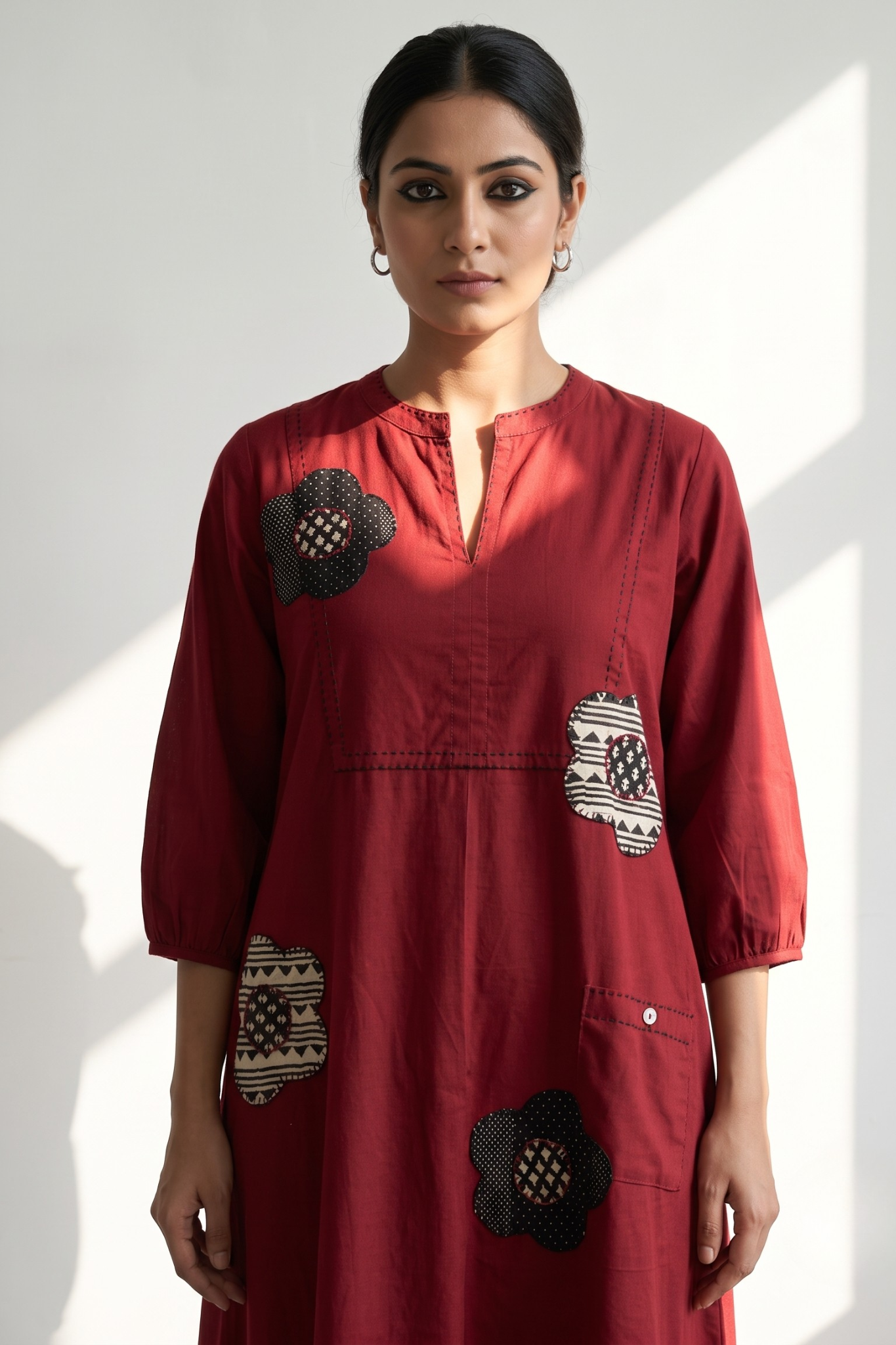 Maroon_FloralApplique__Cotton_Dress_With_Patch_Pocket