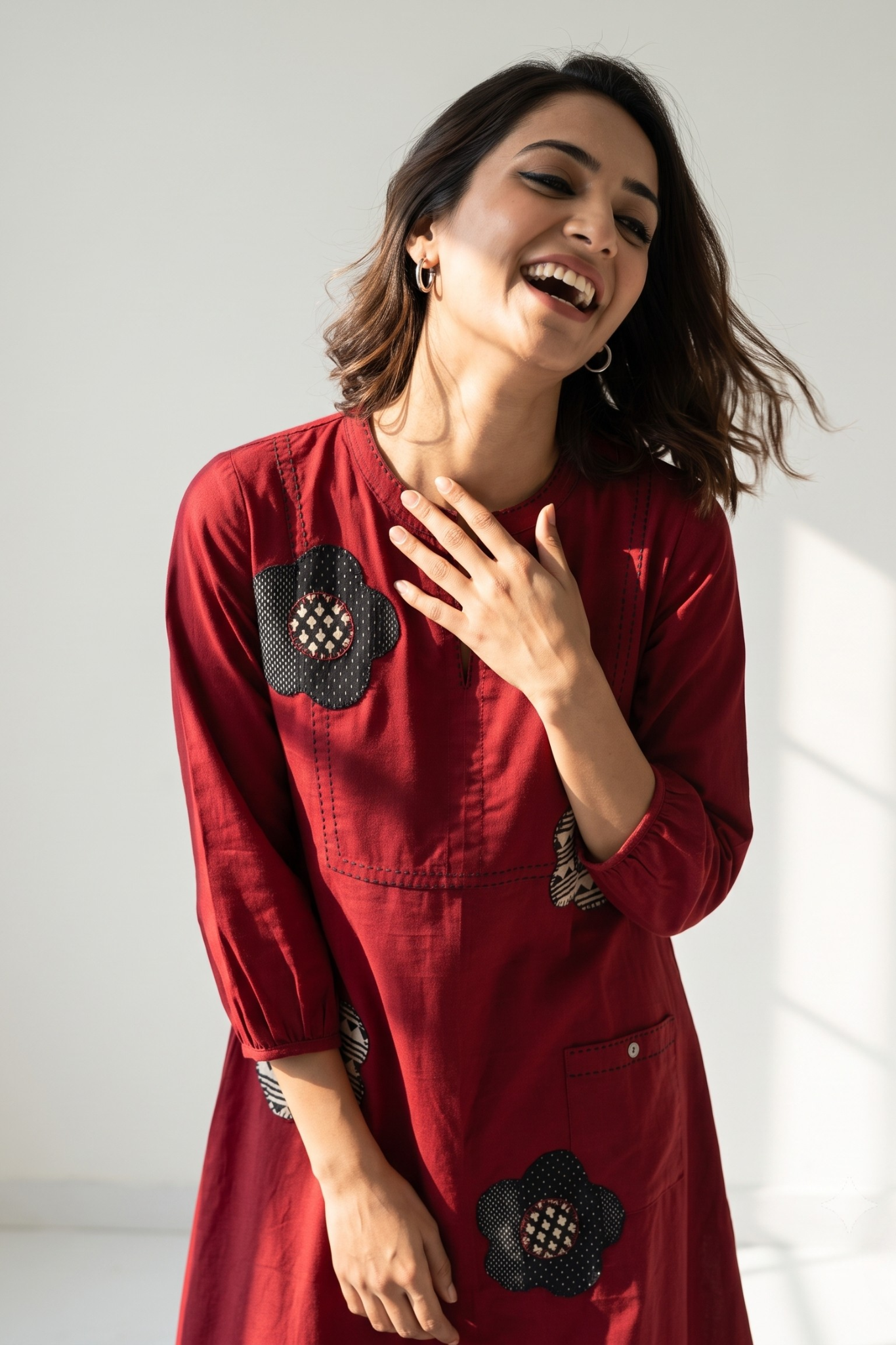 Maroon_FloralApplique__Cotton_Dress_With_Patch_Pocket