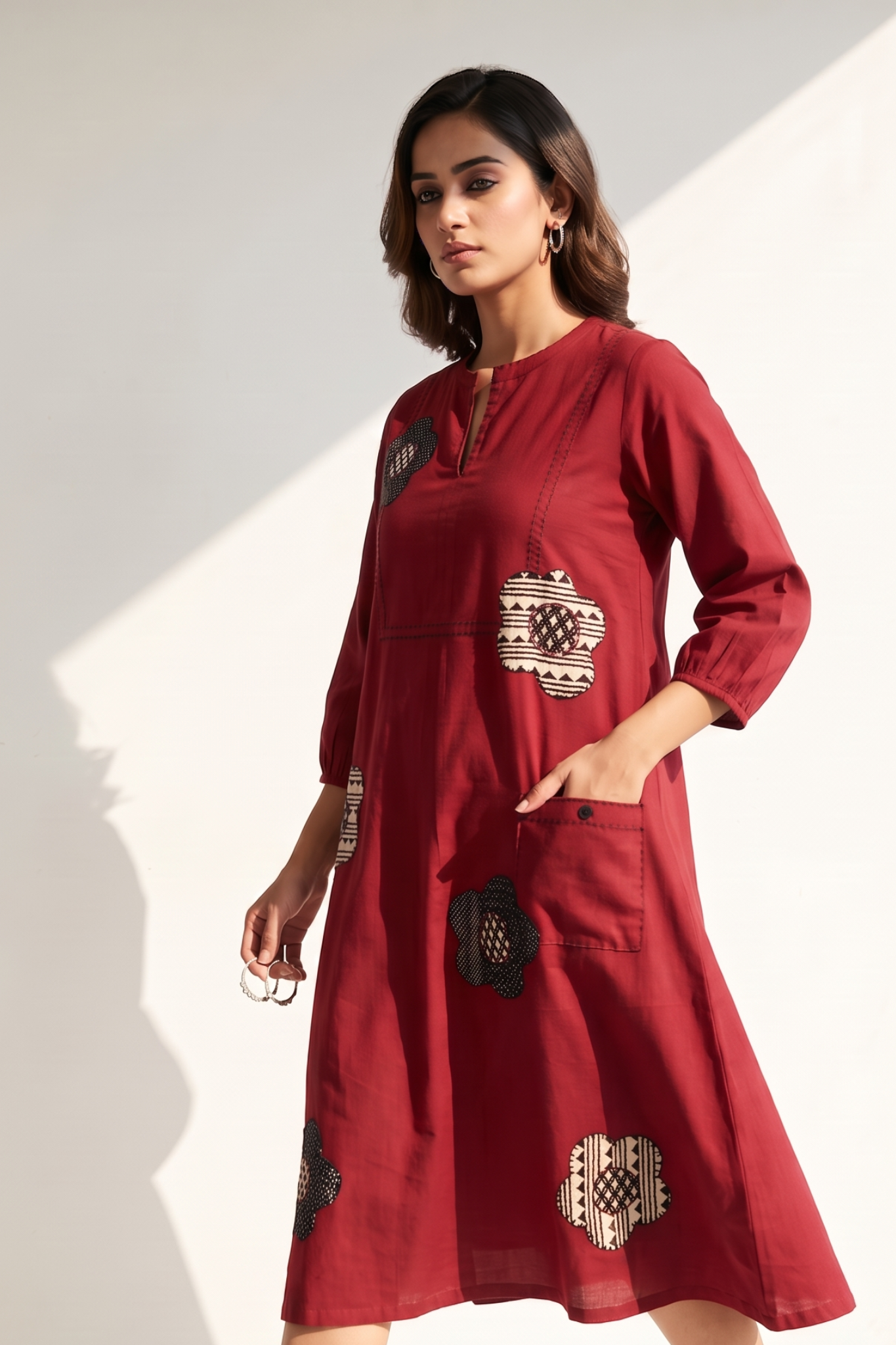 Maroon_FloralApplique__Cotton_Dress_With_Patch_Pocket