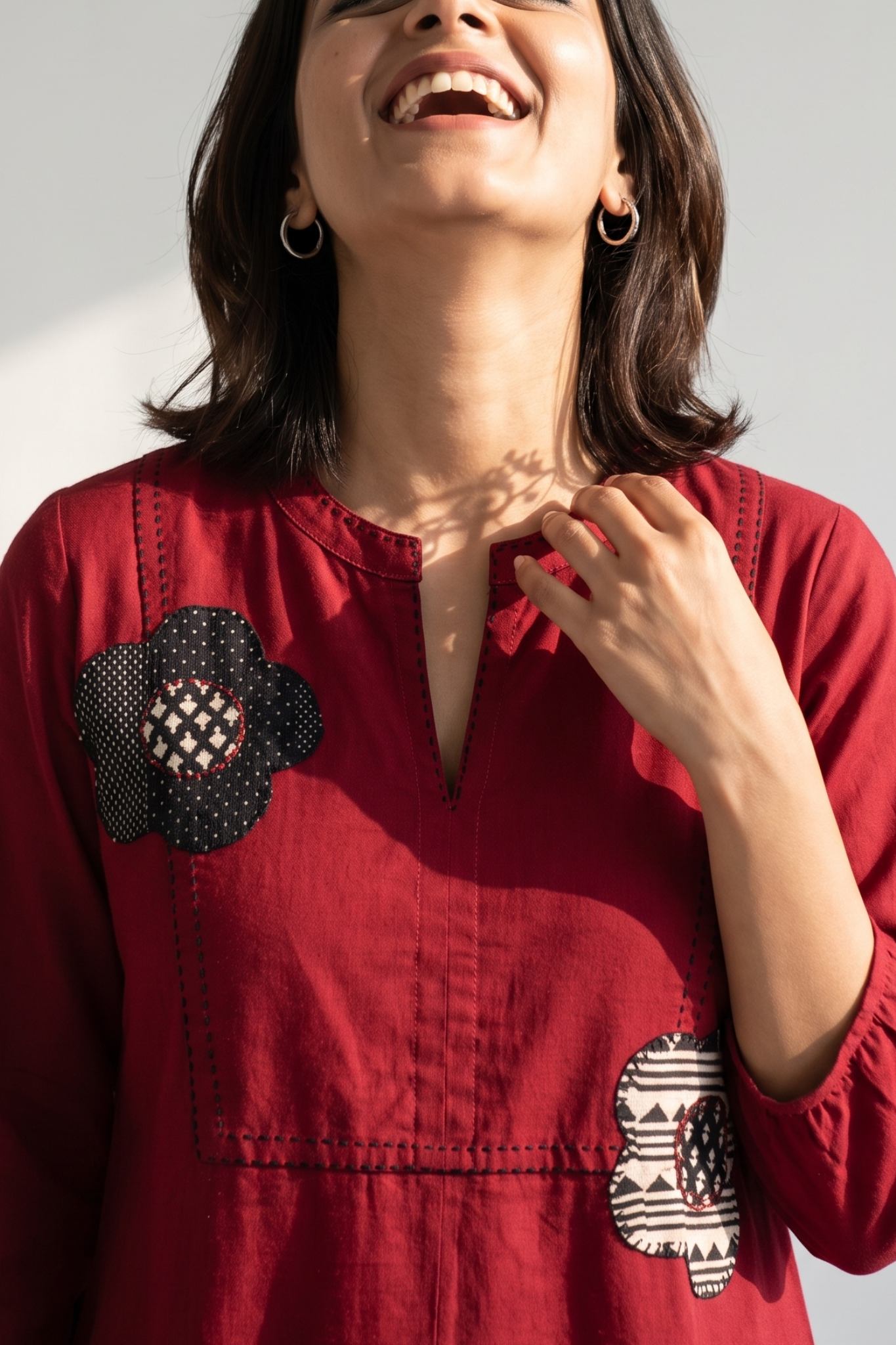 Maroon_FloralApplique__Cotton_Dress_With_Patch_Pocket