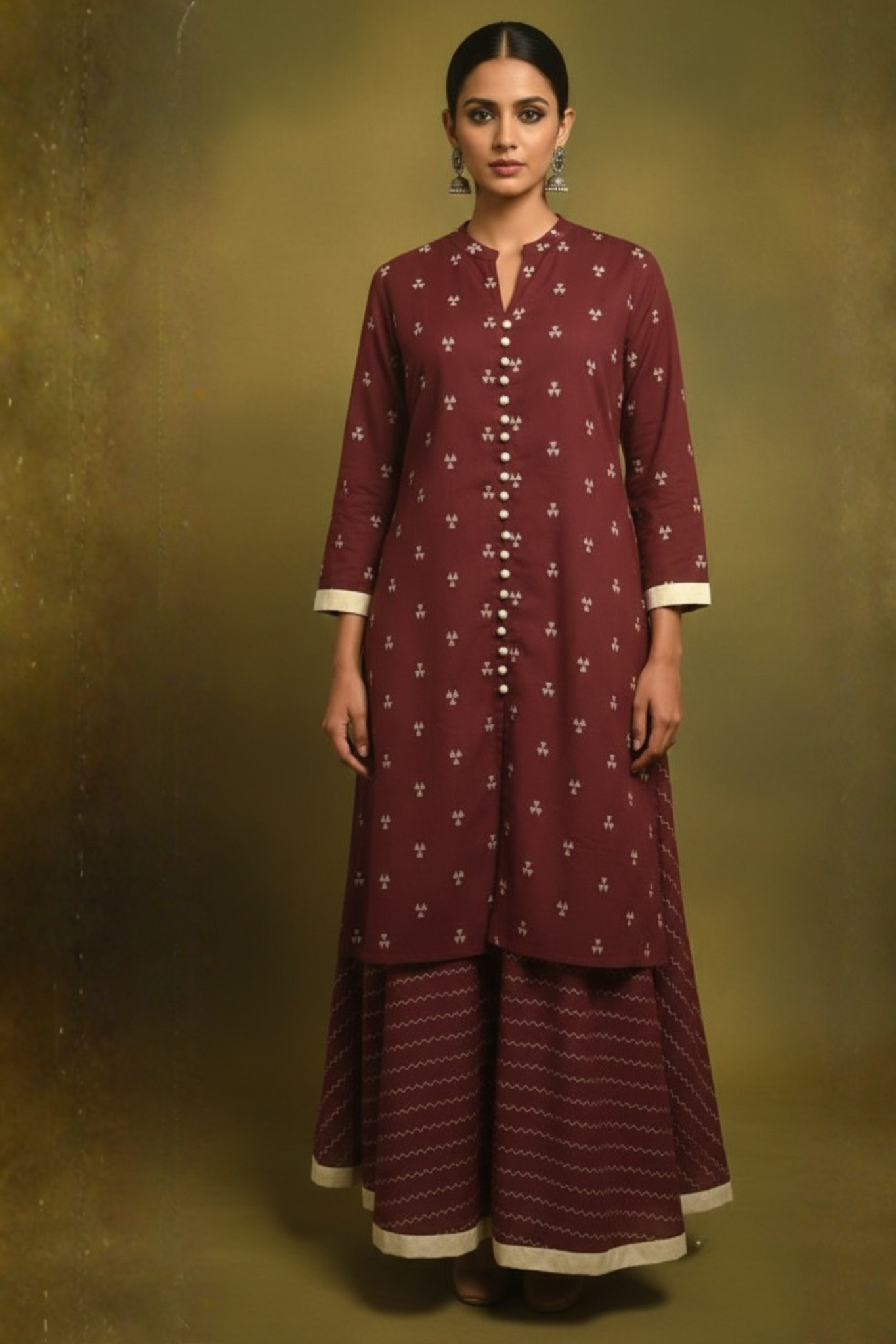 Coord set in maroon with white buti and flared skirt with cream silk trims