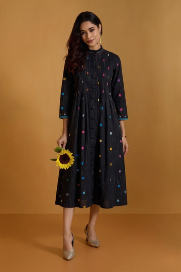 Midnight Pepper Confetti Pleated Pintuck Button Down Dress