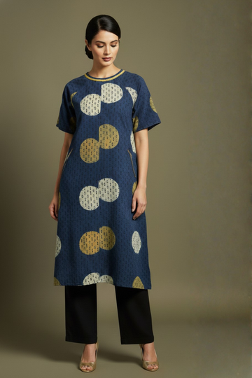 Raglan sleeve Kurta in Indigo Henna Black Ajrakh Round Print with Pockets 