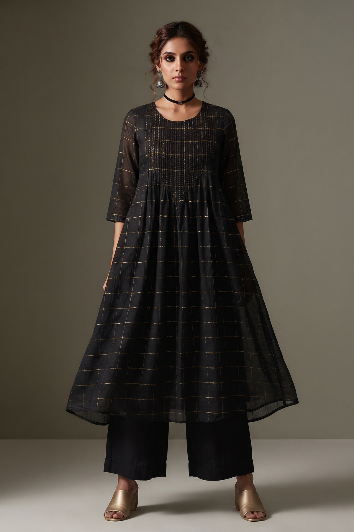 Midnight_Metallic_Grid_Cotton_Kurta_With_Pintuck