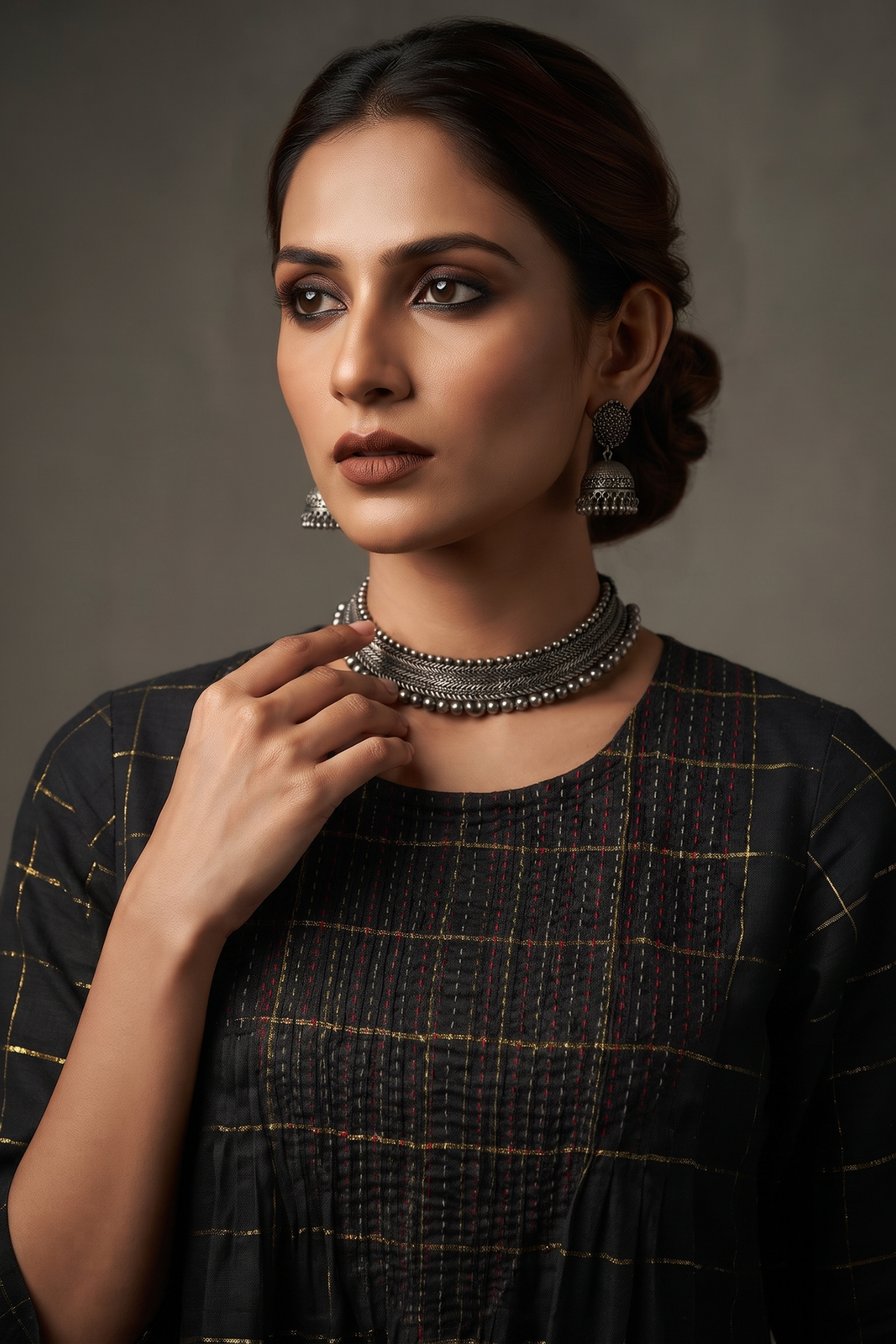 Midnight_Metallic_Grid_Cotton_Kurta_With_Pintuck