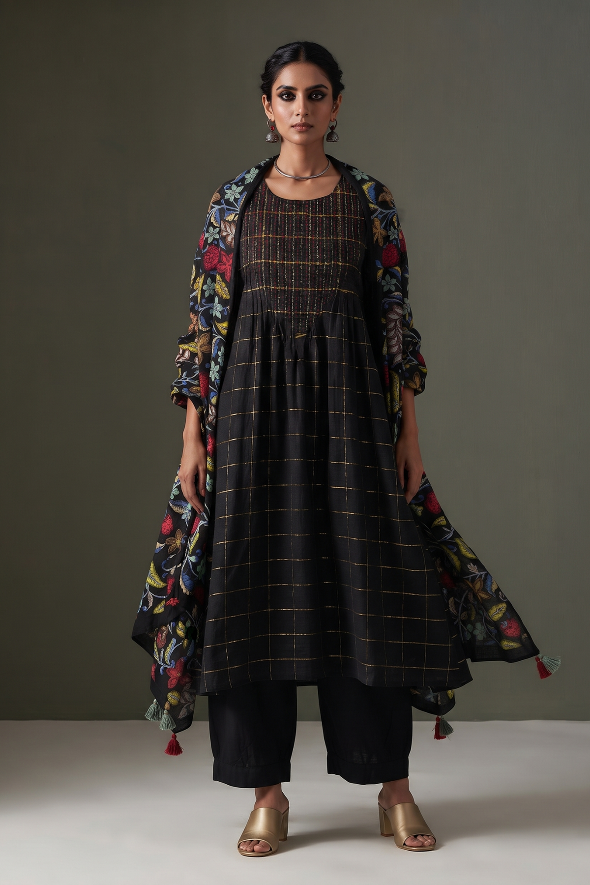 Midnight_Metallic_Grid_Cotton_Kurta_With_Pintuck