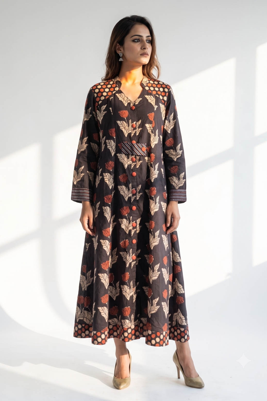 Midnight Rust Bloom Cotton long button down dress