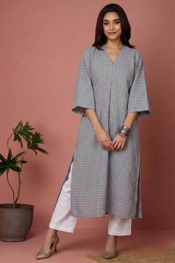 Mist Blue Grid Cotton Front Zipper A-Line Kurta