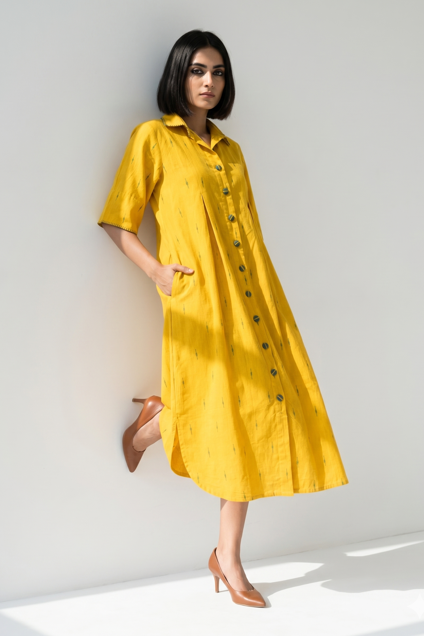 Sunshine Yellow Box pleat shirt dress with green buttons