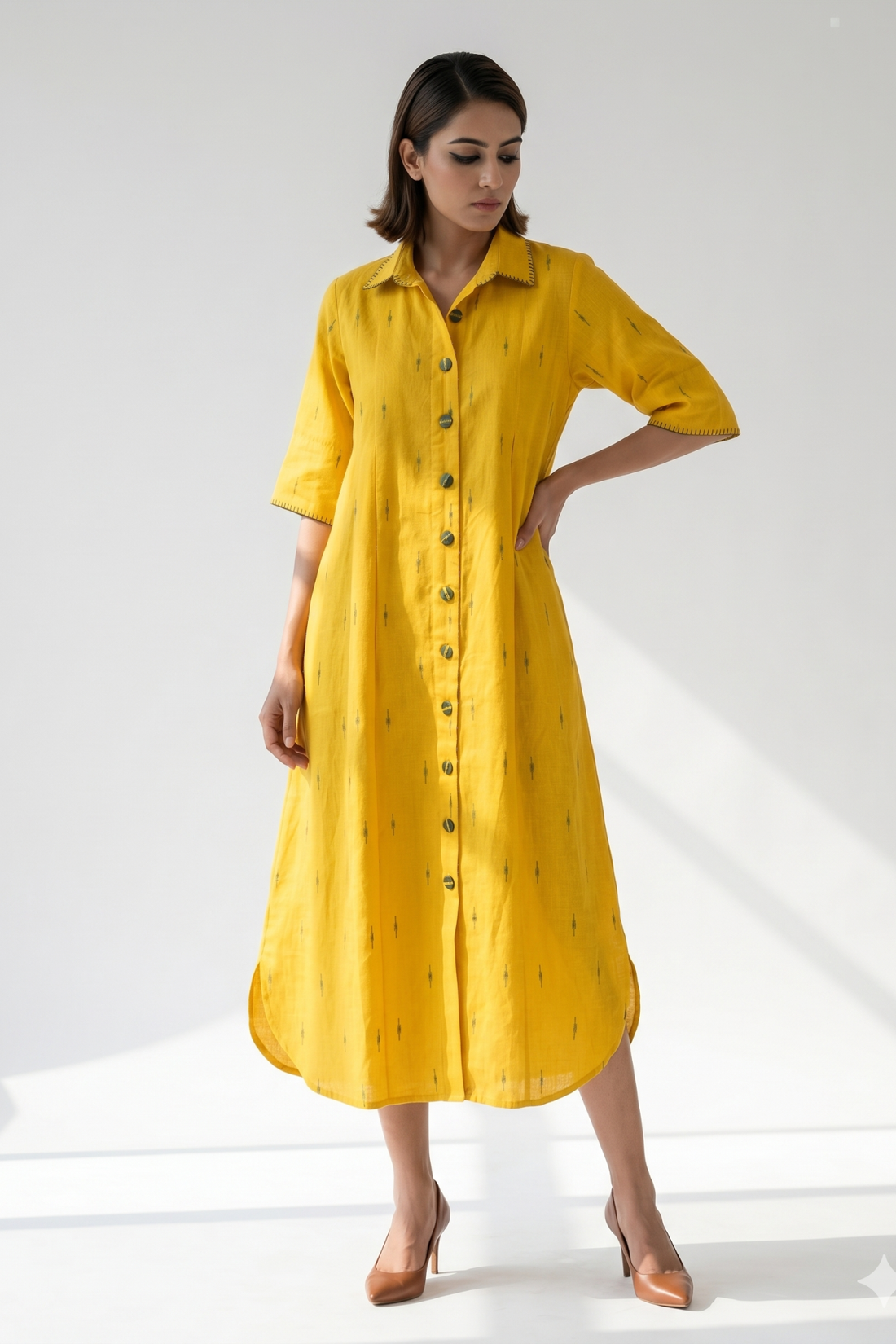 Sunshine Yellow Box pleat shirt dress with green buttons
