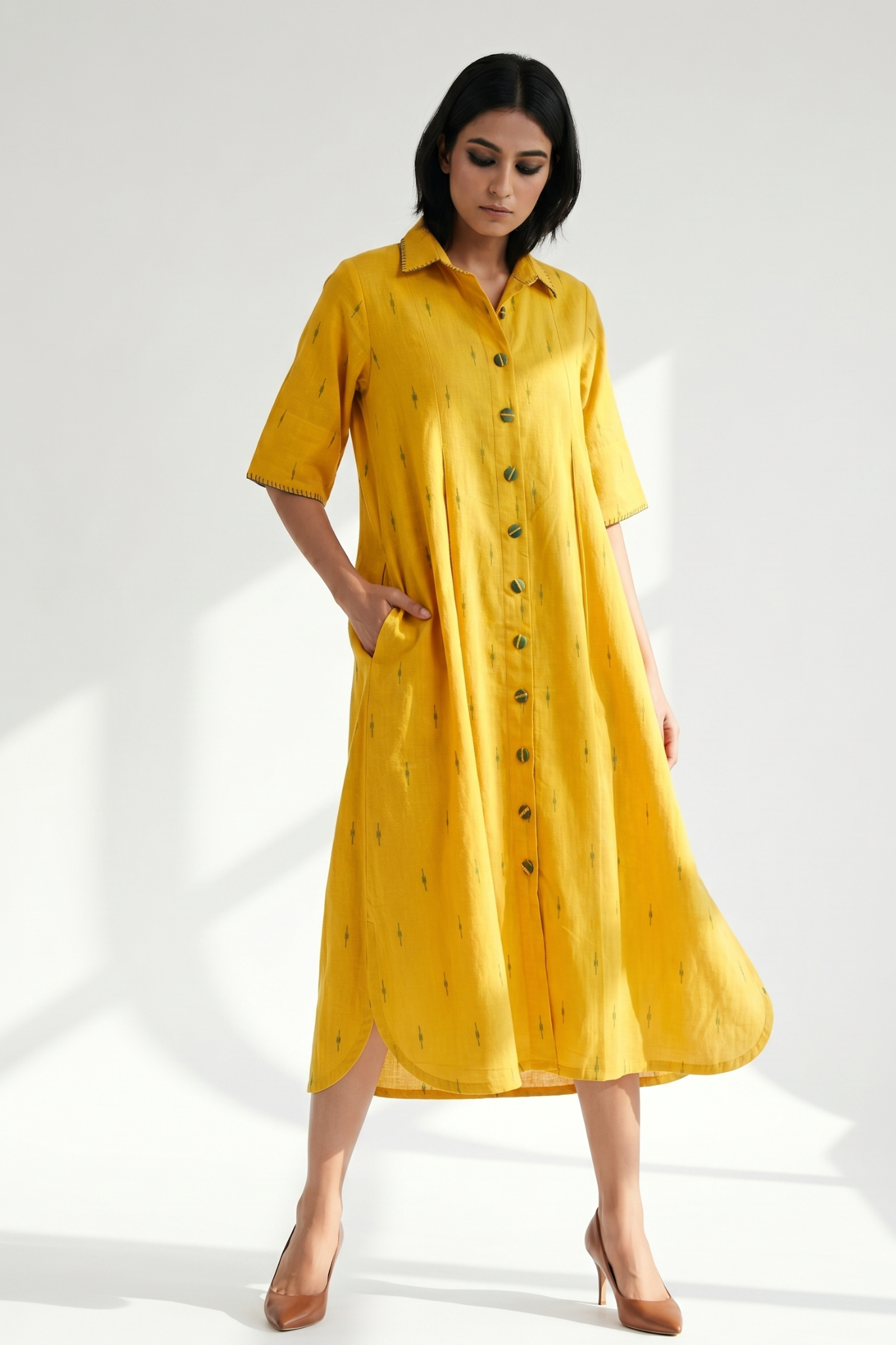 Sunshine Yellow Box pleat shirt dress with green buttons