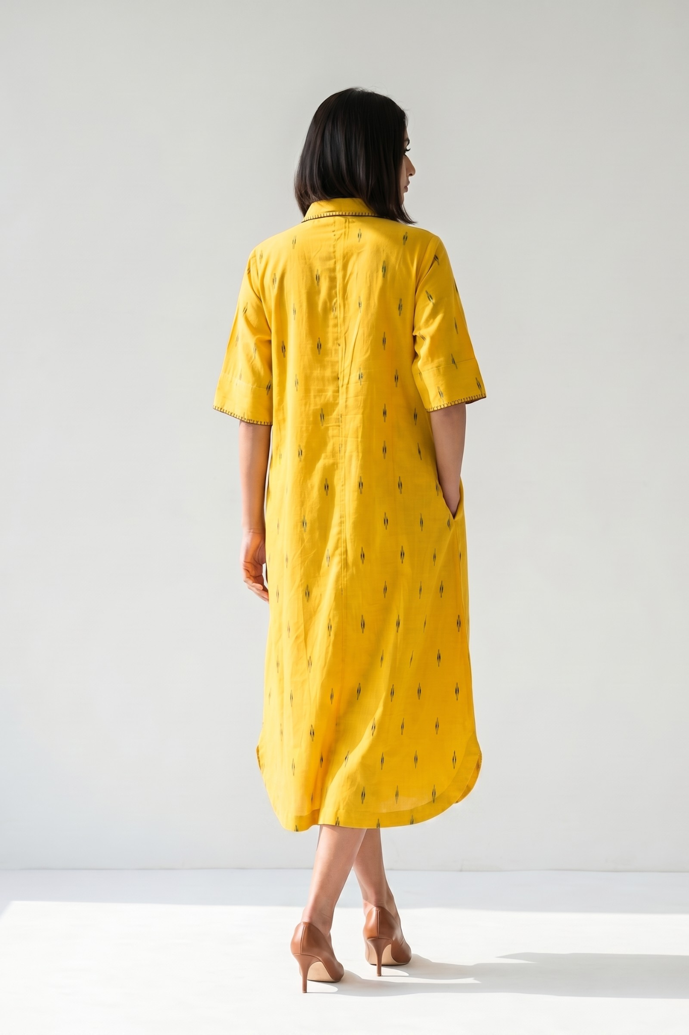 Sunshine Yellow Box pleat shirt dress with green buttons
