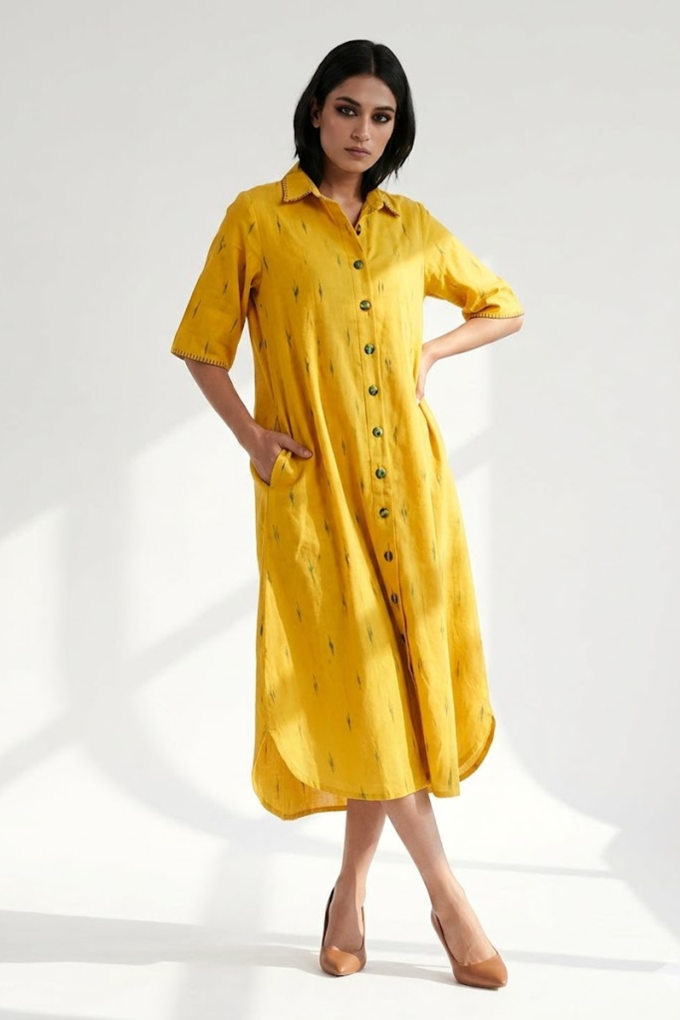 Sunshine Yellow Box pleat shirt dress with green buttons