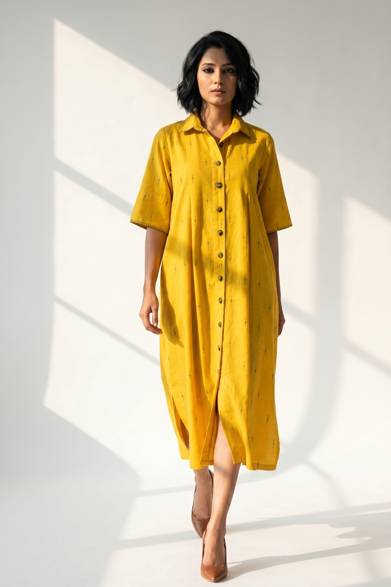 Sunshine Yellow Box pleat shirt dress with green buttons