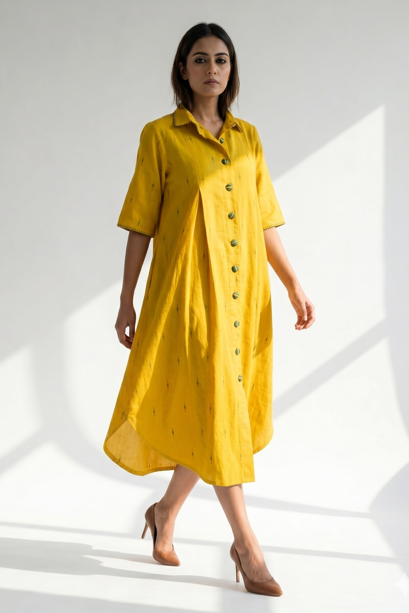 Sunshine Yellow Box pleat shirt dress with green buttons