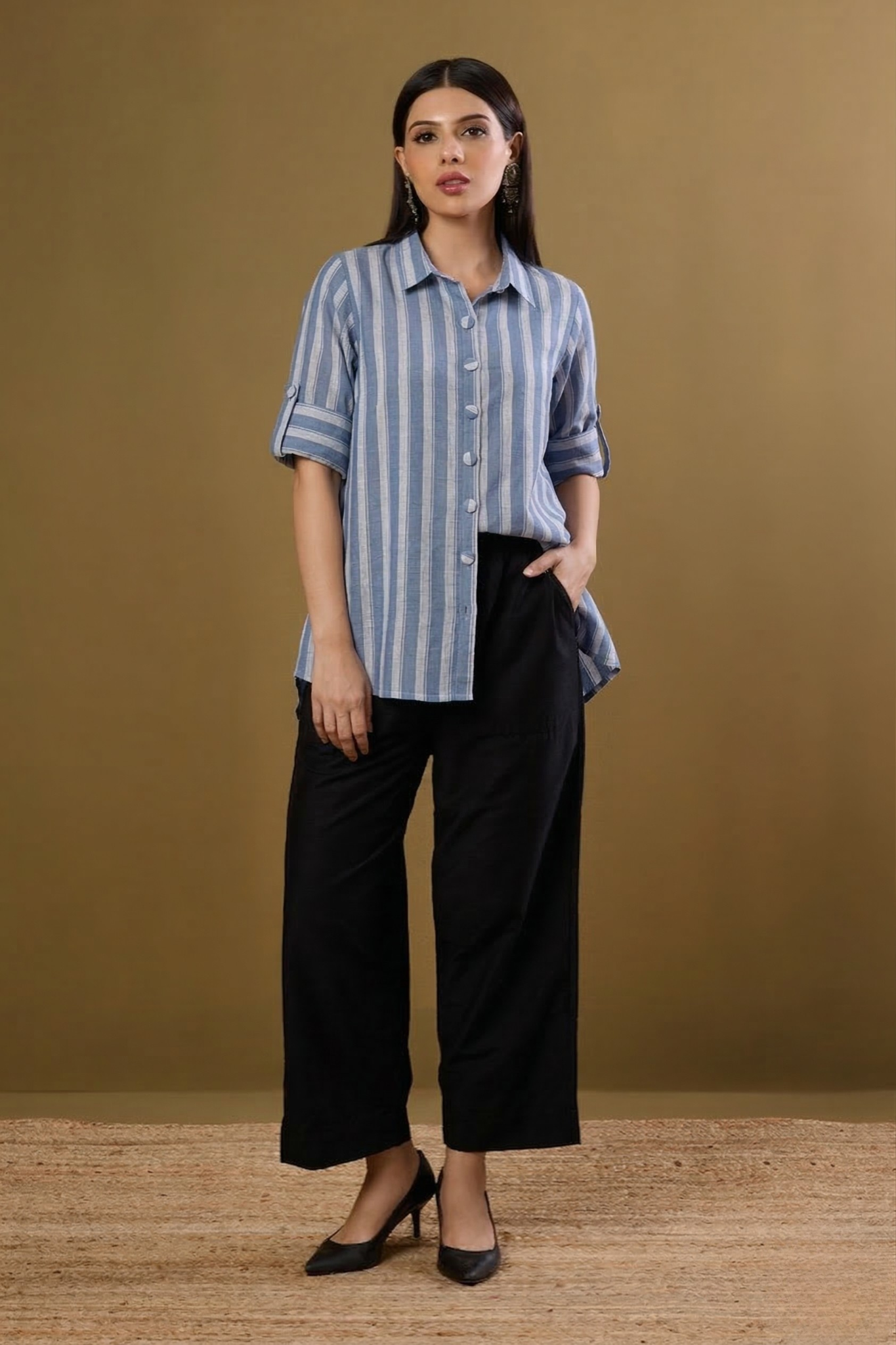 Nautical_Blue_Bands_High_Low_Hem_Cotton_Shirt