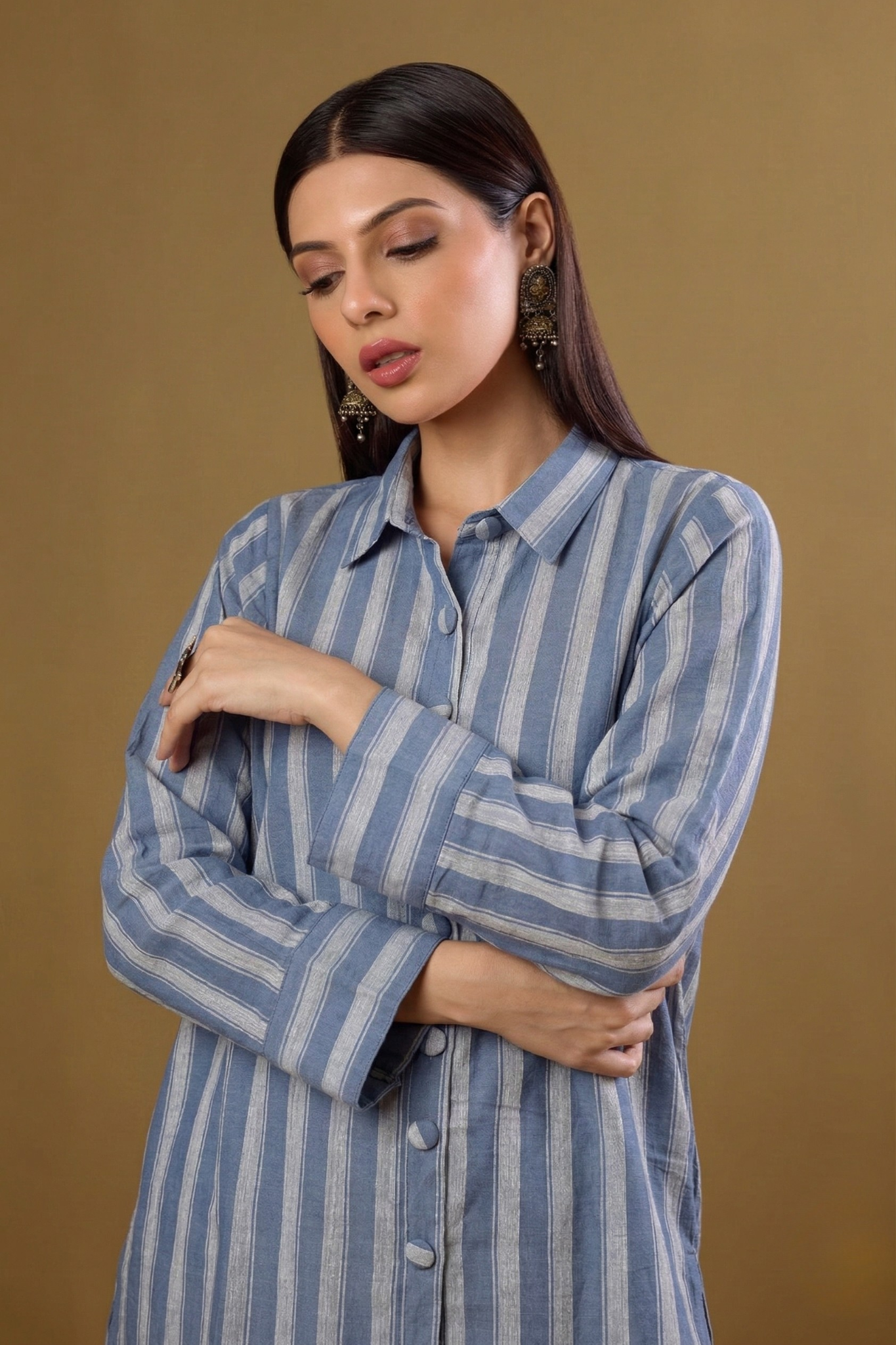 Nautical_Blue_Bands_High_Low_Hem_Cotton_Shirt