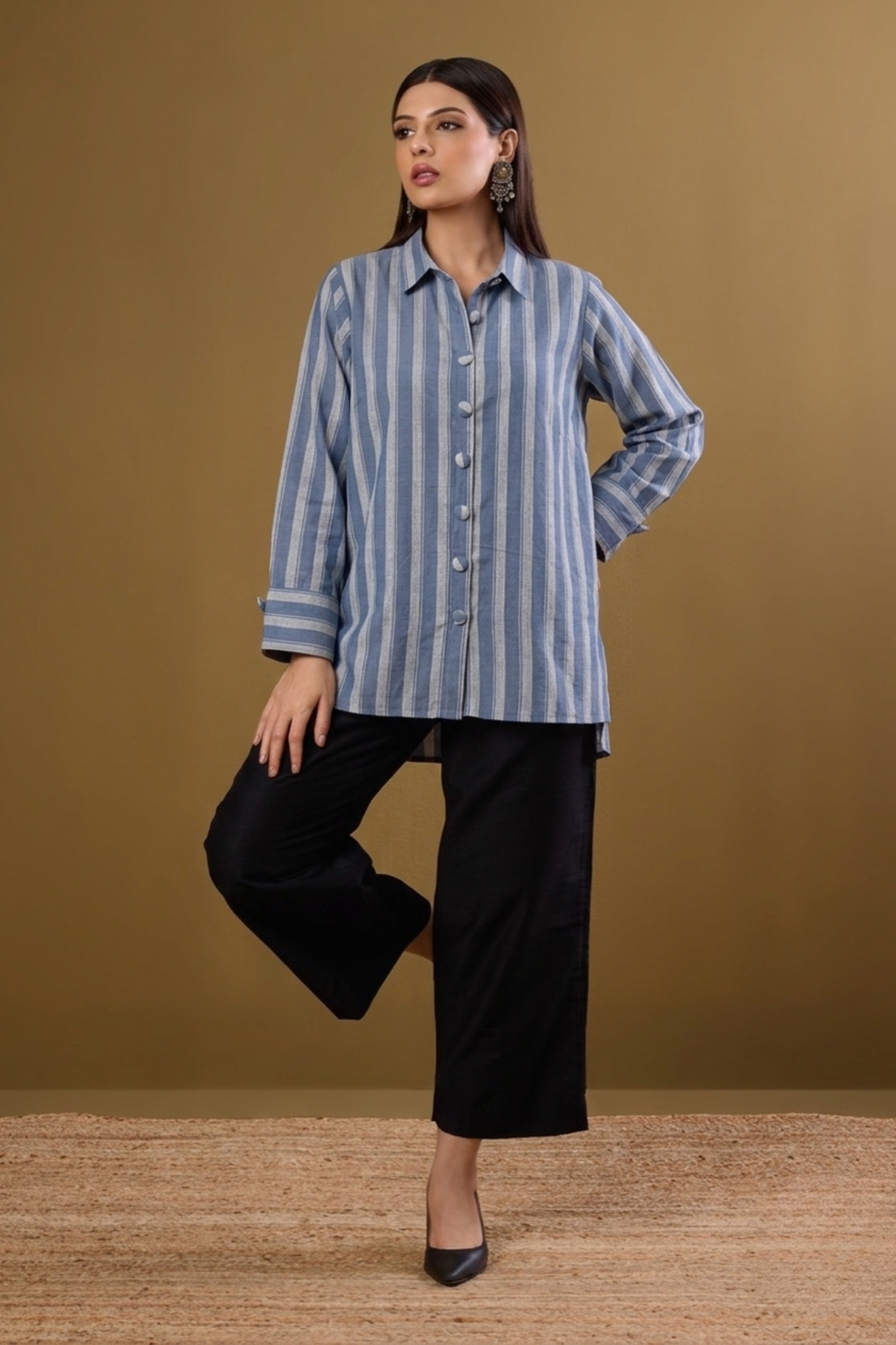 Nautical_Blue_Bands_High_Low_Hem_Cotton_Shirt